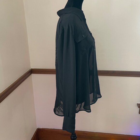 Harley Davidson Plus Size 1X Sheer Black Button Down Rhinestone Logo Top Womens - Picture 3 of 12